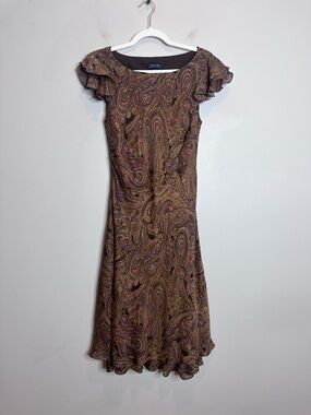 VTG Y2K Silk Brown Paisley Dress Jones New York Boho Midi Ruffle Sleeve Boho 8 S